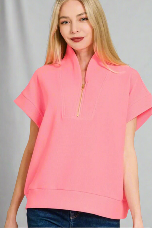 Ribbed High Neck Half Zip Top / BRIGHT PINK