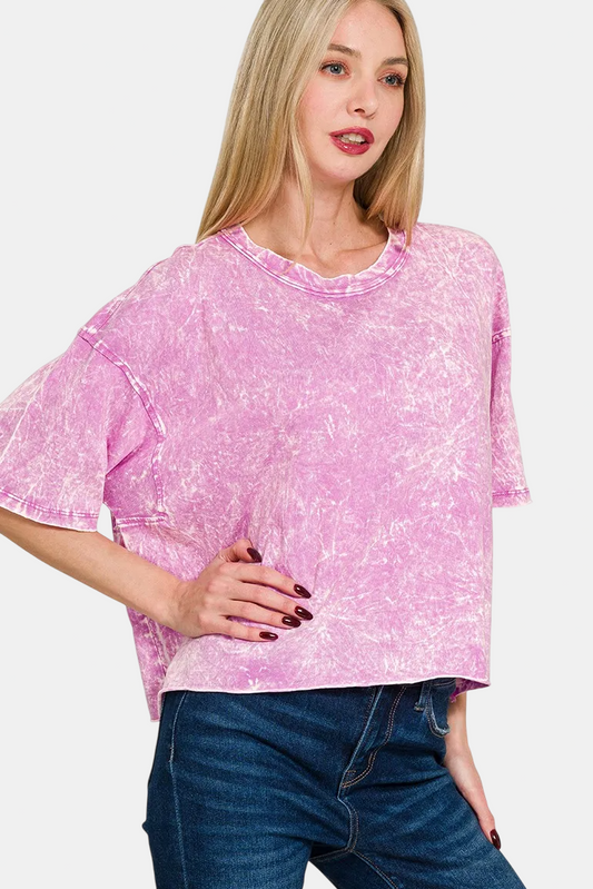 Acid Crinkle-Washed Oversized Tee / BRIGHT MAUVE