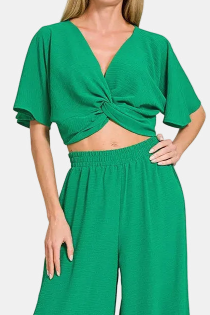 Woven Airflow Twisted Top & Wide Leg Pants Set / K GREEN
