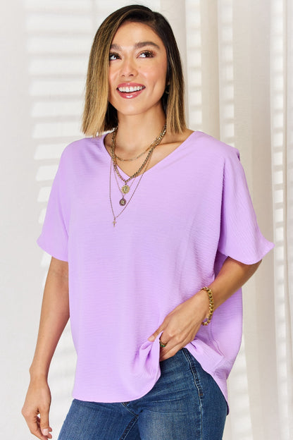 Woven Airflow V-Neck Short Sleeve Top