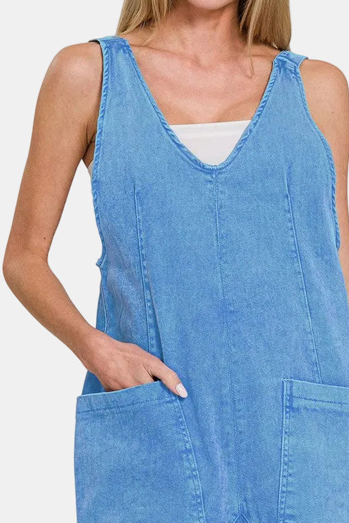 Washed Adjustable Strap Romper With Pocket / OCEAN BLUE