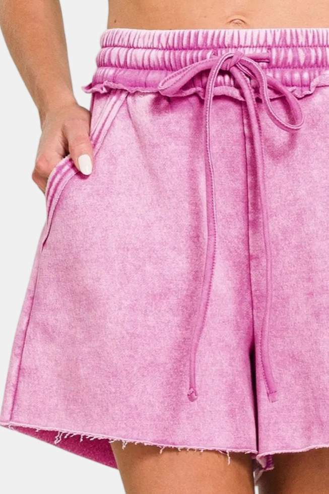 Acid Wash Fleece Drawstring Shorts With Pockets / MAUVE