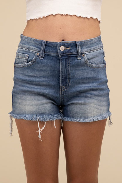 Mid Rise Raw Frayed Hem Denim Shorts