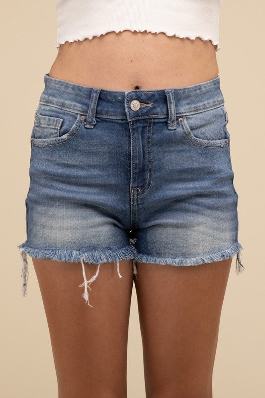 Plus Mid Rise Raw Frayed Hem Denim Shorts