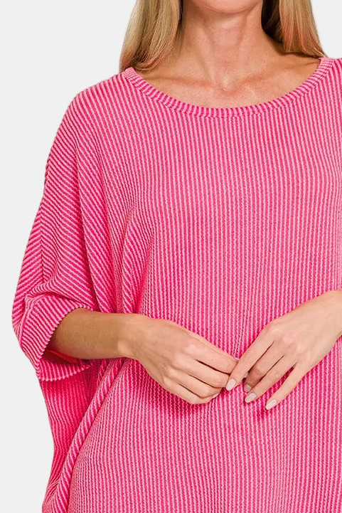 Raised Rib Bat Sleeve Top / FUCHSIA