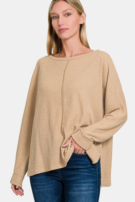 Ribbed Center Seam Dolman Sleeve Hi Low Sweater / BEIGE