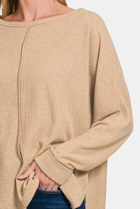 Ribbed Center Seam Dolman Sleeve Hi Low Sweater / BEIGE