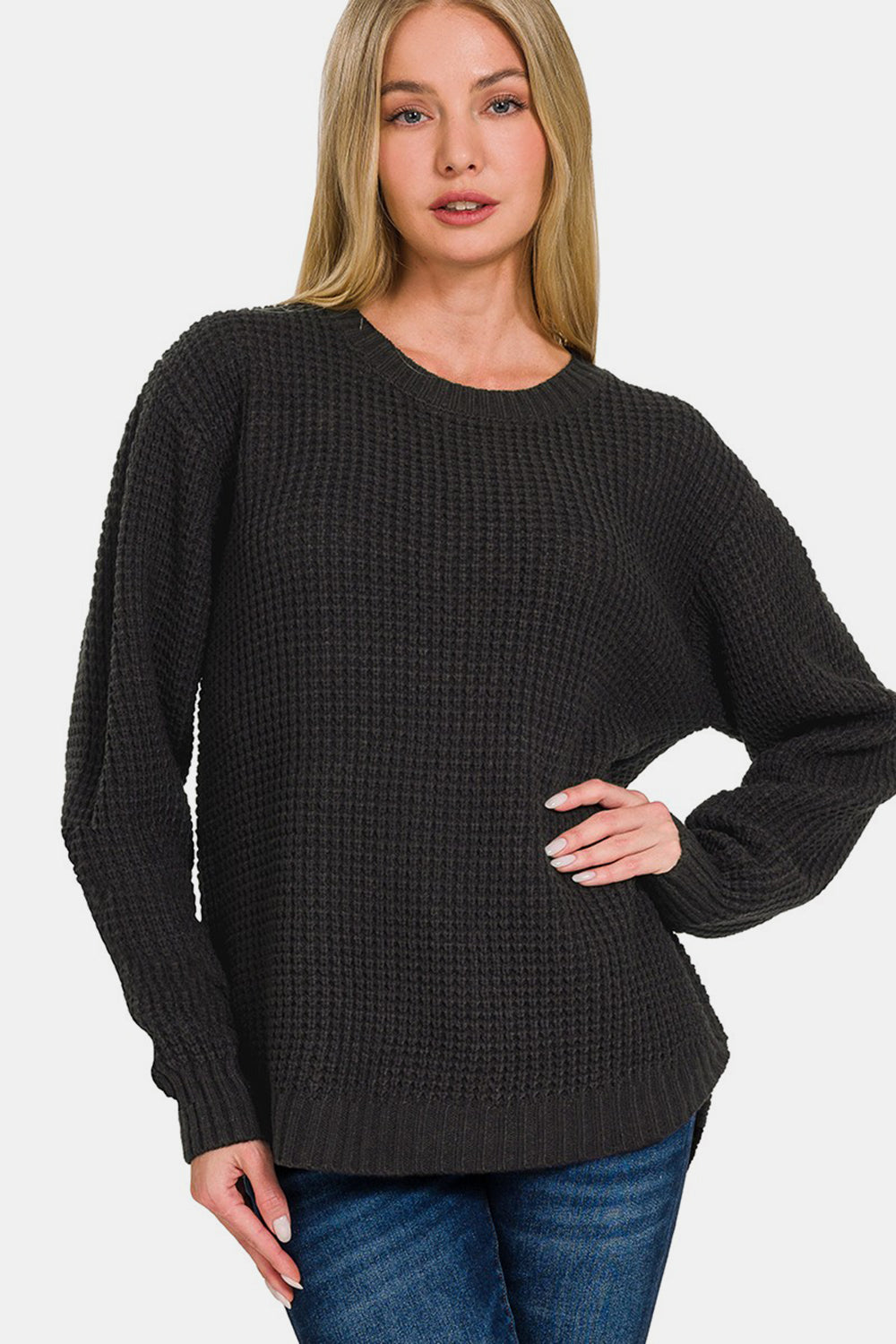 Hi-Low Long Sleeve Round Neck Waffle Sweater