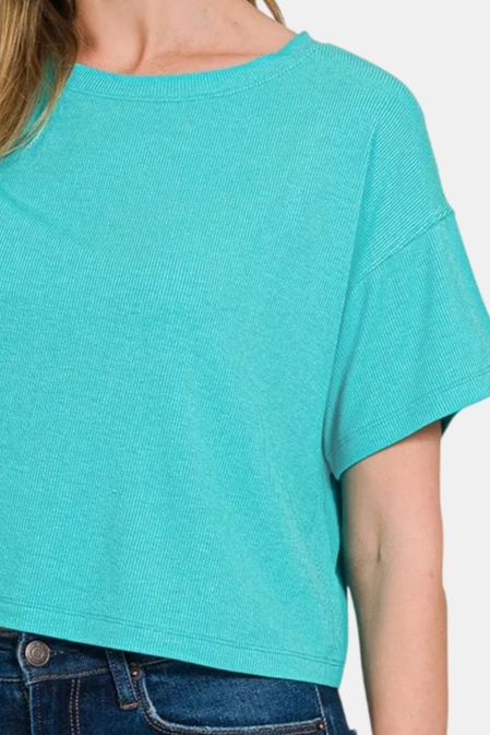 Ribbed Round-Neck Crop Box Tee / TURQUOISE