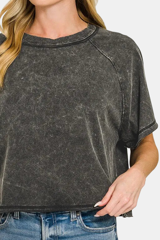 Acid Washed Round Neck Crop Tee / ASH BLACK