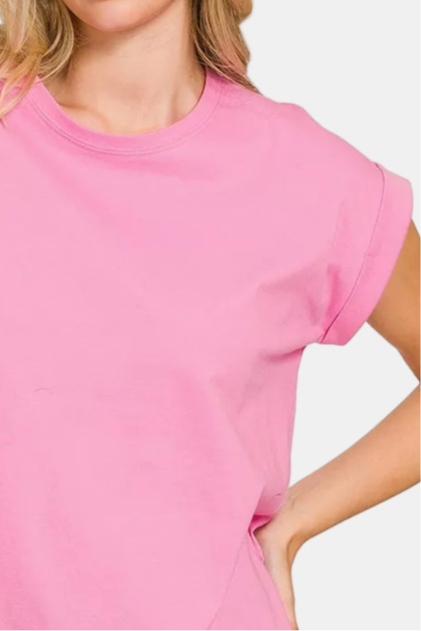 Round Neck Folded Short Sleeve T-Shirt / CANDY PINK