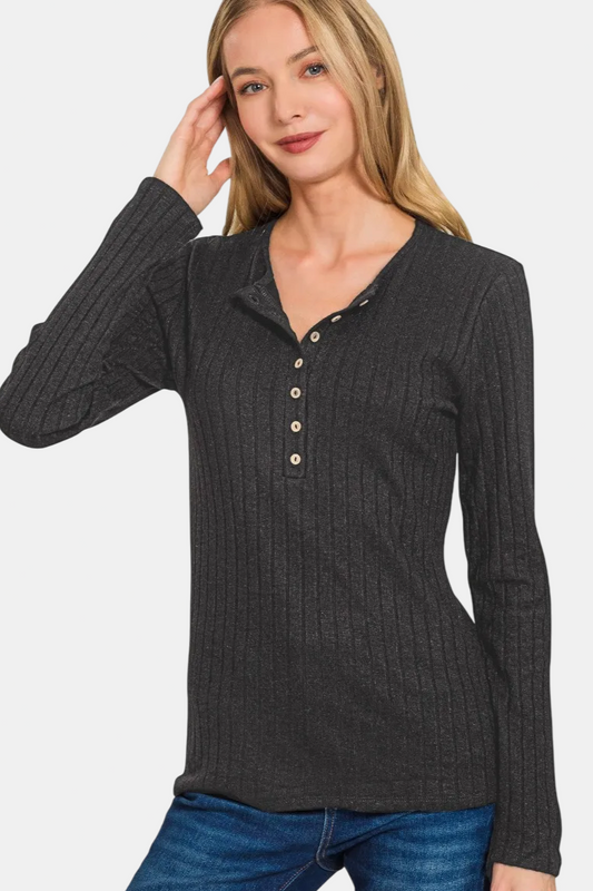 Ribbed Long Sleeve Button Down Top / BLACK