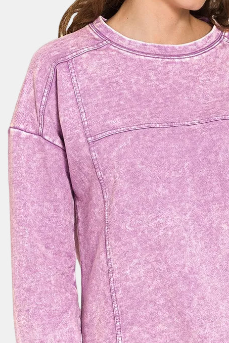 Acid Wash French Terry Exposed-Seam Pullover / B VIOLET