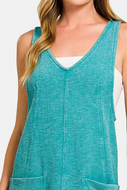 Washed Slub Adjustable Strap Overall Dress / LT TEAL