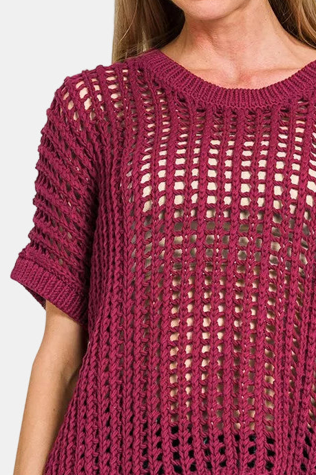 Fish Net Short Sleeve Crochet Sweater / DK BURGUNDY