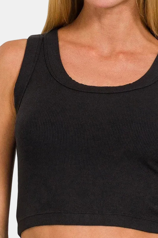 Ribbed Scoop Neck Cropped Tank Top / BLACK