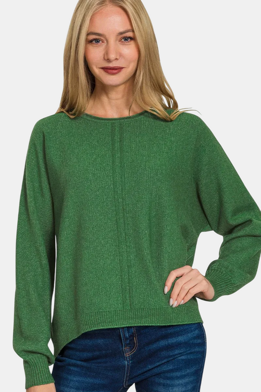 Viscose Front Seam Round-Neck Sweater / H DK GREEN