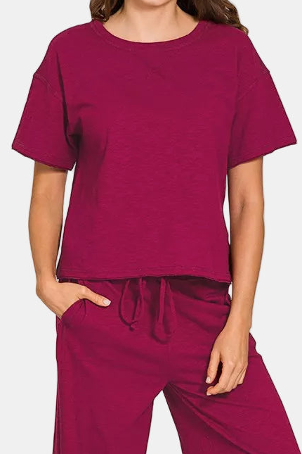 Cotton Slub Short Sleeve Tee & Pants Set / CABERNET