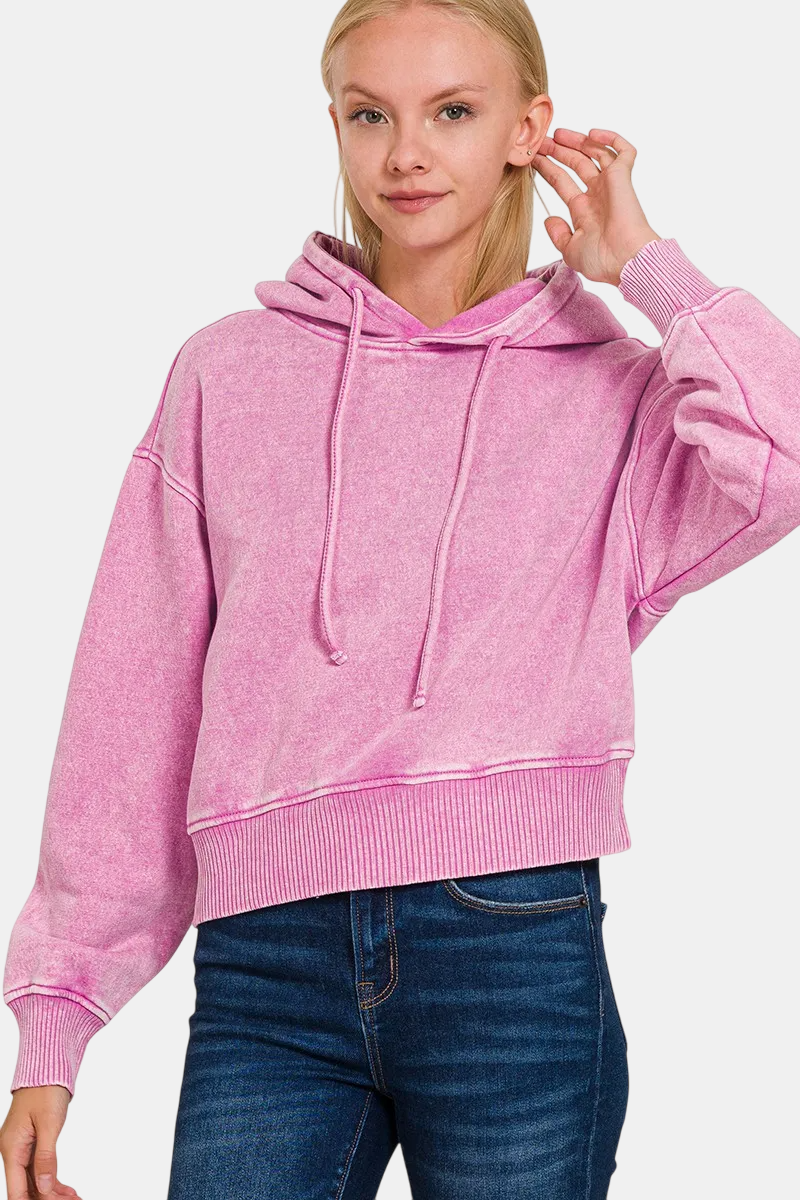 Acid Wash Fleece Cropped Hoodie / MAUVE