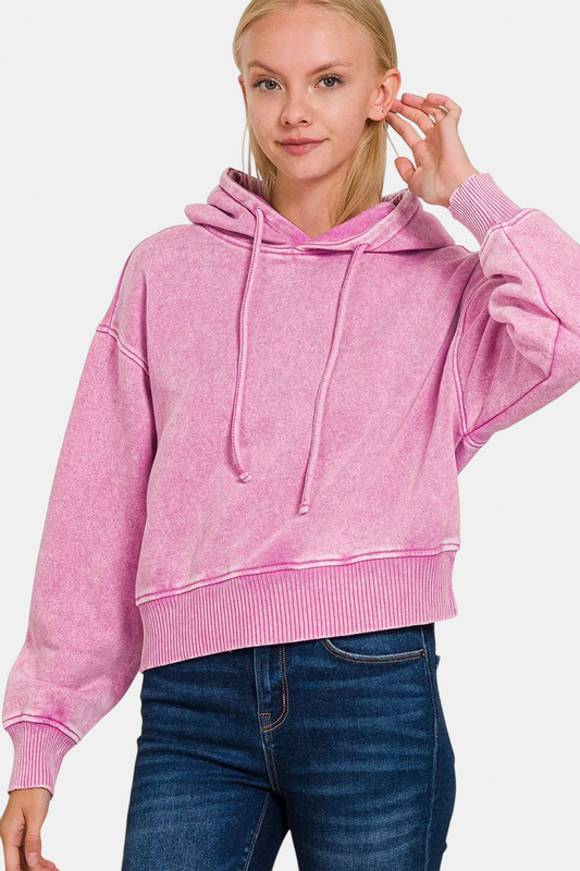 Acid Wash Fleece Cropped Hoodie / MAUVE