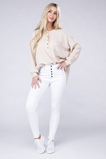 Double Gauze Oversized 3/4 Button Henley Neck Top