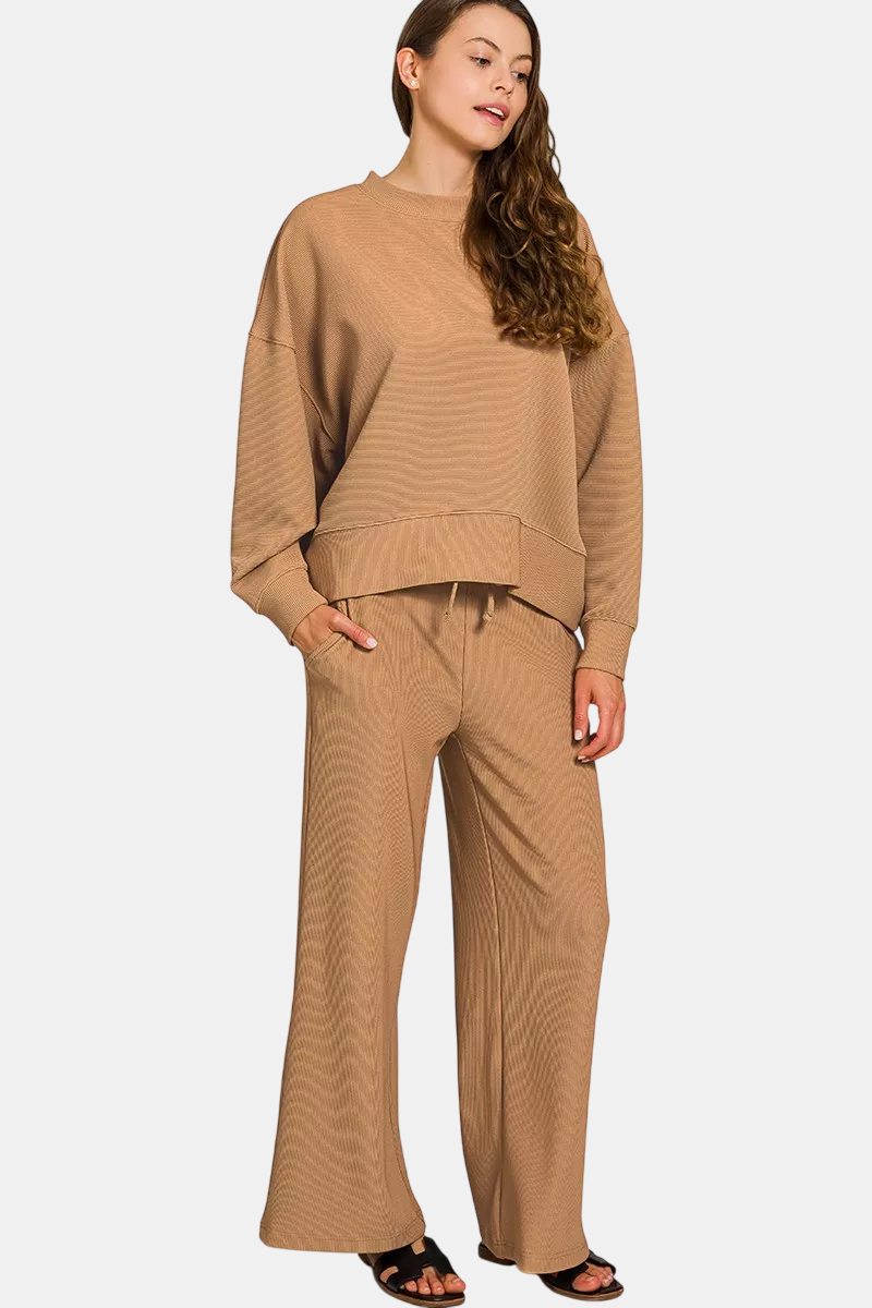 Ribbed Round Neck Pullover & Pants Set / DEEP CAMEL