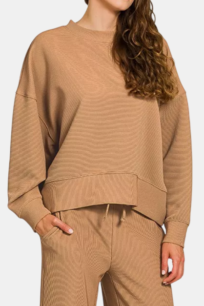Ribbed Round Neck Pullover & Pants Set / DEEP CAMEL