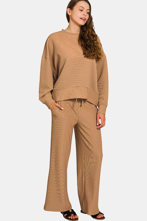 Ribbed Round Neck Pullover & Pants Set / DEEP CAMEL
