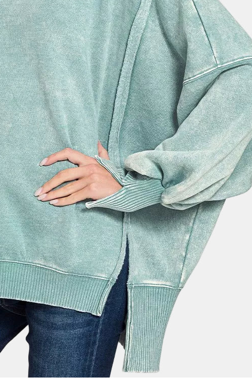 Acid Washed Batwing Sleeve Hi-Low Fleece Sweatshirt / ASH BLUE
