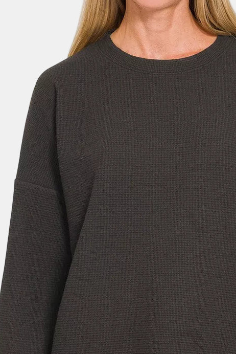 Double Knit Round Neck Long Sleeve Top / BLACK