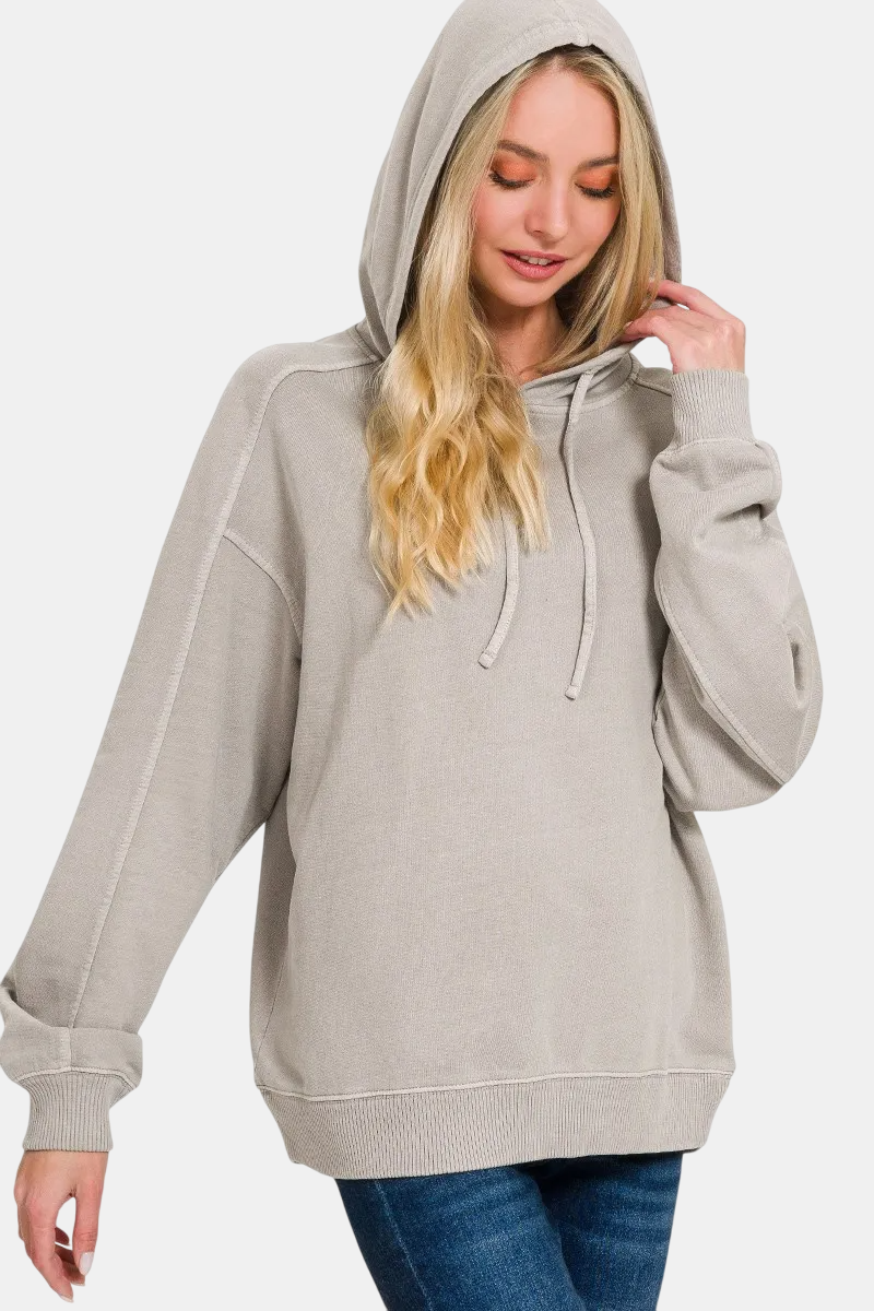 French Terry Pigment Dye & Enzyme Washed Hoodie / ASH MOCHA