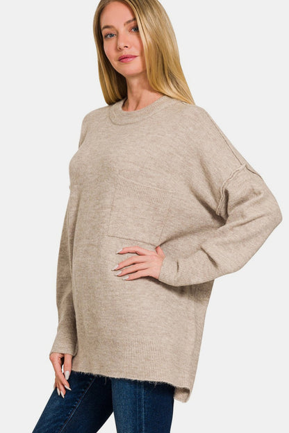 Melange Hi-Low Hem Pocket Sweater