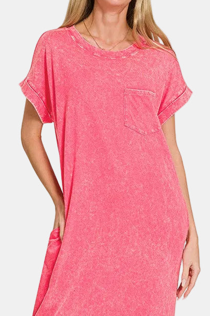 Washed Exposed Seam Short Sleeve T-Shirt Dress / FUCHSIA