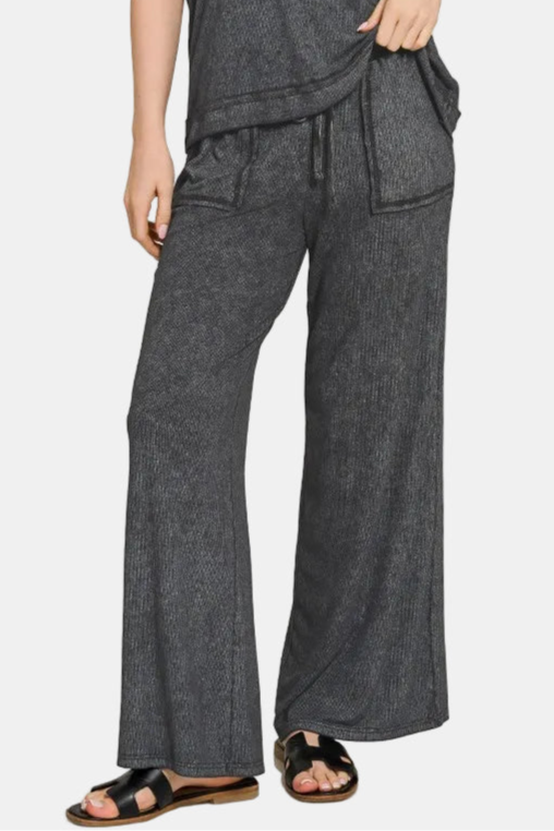 Ribbed Acid Wash Rayon Top & Pants Set / ASH BLACK