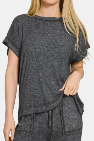 Ribbed Acid Wash Rayon Top & Pants Set / ASH BLACK