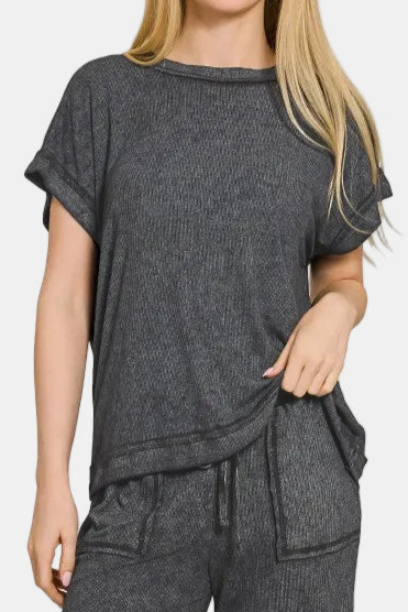 Ribbed Acid Wash Rayon Top & Pants Set / ASH BLACK