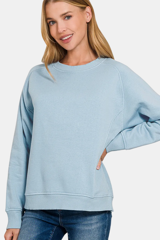 Fleece Round Neck Ribbed Side Raglan Sweatshirt / ASH BLUE