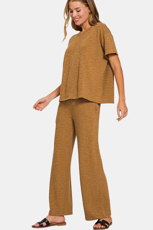 Slub Short Sleeve Top & Pants Set / DEEP CAMEL