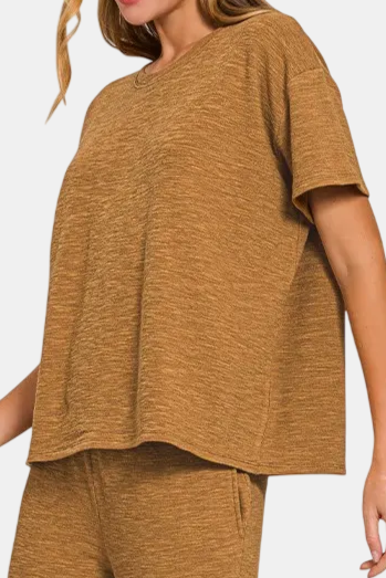 Slub Short Sleeve Top & Pants Set / DEEP CAMEL