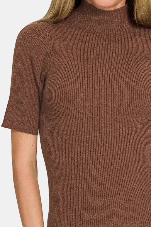 Viscose Ribbed Mock Neck Sweater / BROWN