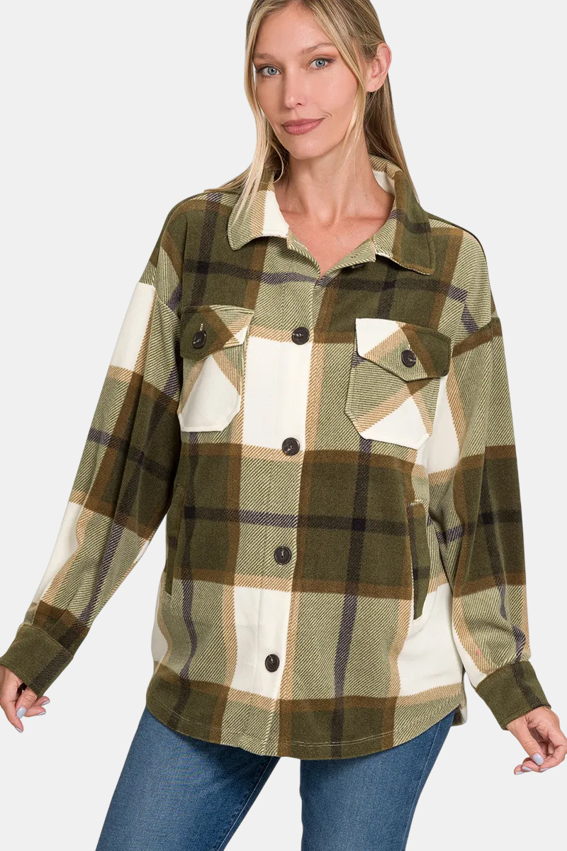 Oversized Plaid Fleece Shacket / OLIVE