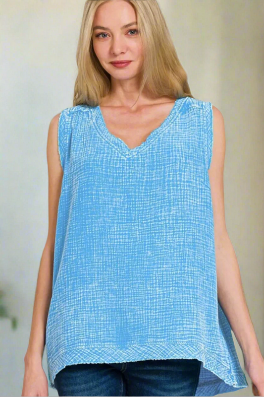 Double Gauze Raw Edge Acid Washed Tank / DEEP SKY