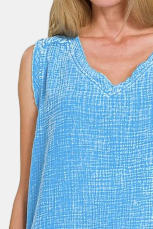 Double Gauze Raw Edge Acid Washed Tank Top / DEEP SKY