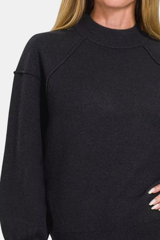 Viscose Mock Neck Exposed Seam Sweater / BLACK