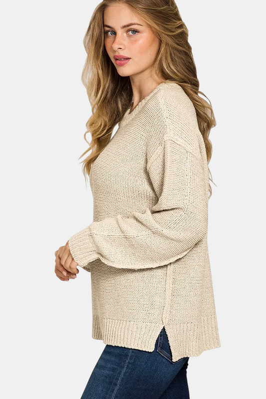 Exposed Seam Round Neck Sweater / SAND BEIGE