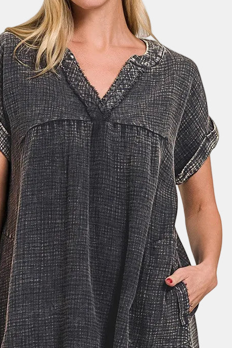 Washed Double Gauze Raw Edge V Neck Dress / ASH BLACK