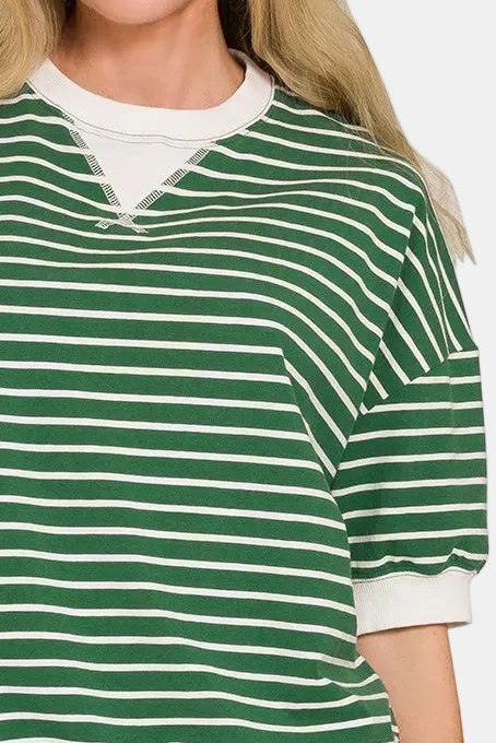 Striped Rib Half Sleeve Banded Pullover / DK GREEN