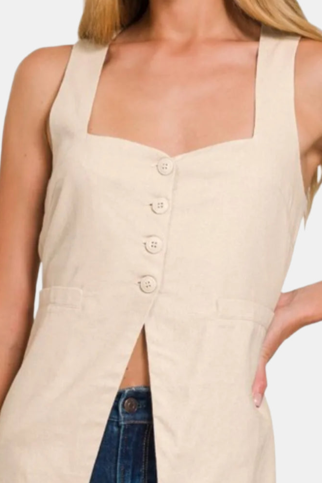 Linen Tie-back 4-button Vest with Lining / SAND BEIGE