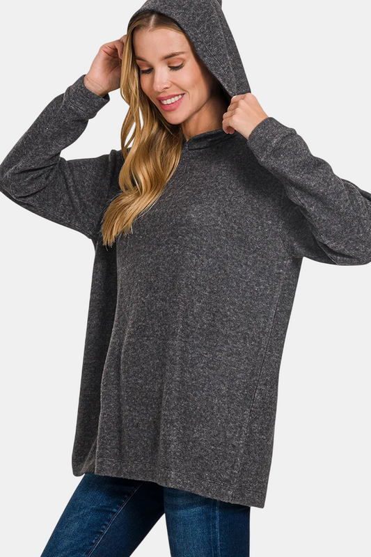 Hooded Brushed Melange Hacci Sweater / BLACK