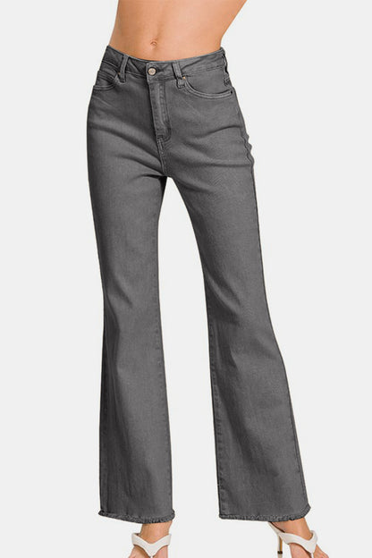 Acid Washed High Waist Frayed Hem Bootcut Pants